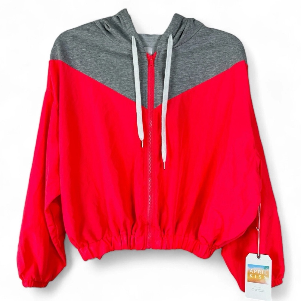 April Kiss Full Zip Hooded Jacket Womens M Medium Neon Pink Gray Pockets NWT